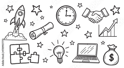 Hand drawn doodle icon set for business startup and success concepts. Collection of sketch elements like rocket, lightbulb, and money bag for creative projects
