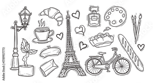 Hand drawn collection of paris symbols and french culture icons in a doodle style. Sketch set with eiffel tower, croissant, coffee, and bicycle for travel or romantic design