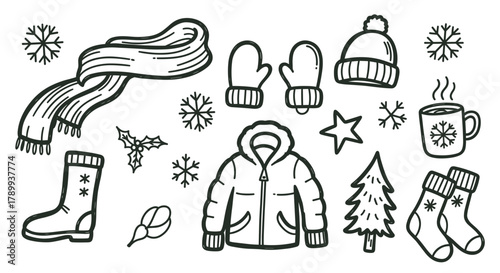 Hand drawn collection of winter clothing and cozy seasonal items. Christmas holiday doodle icon set with a scarf, jacket, mittens, and snowflakes for creative design