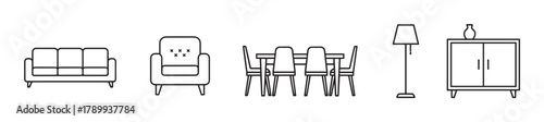 Furniture line icon set for interior design concepts. Minimalist collection of home furnishings including a sofa, armchair, dining table, lamp and cabinet for modern living
