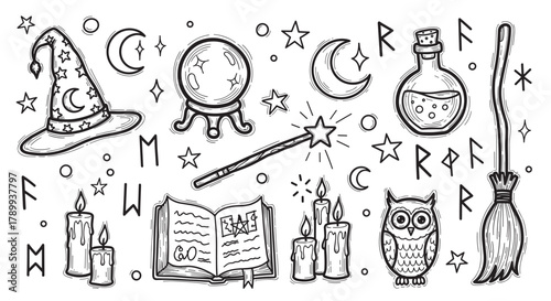 Hand drawn collection of magic items for witchcraft and wizardry. Doodle set includes a spell book, crystal ball, potion, and wizard hat for a halloween or fantasy theme