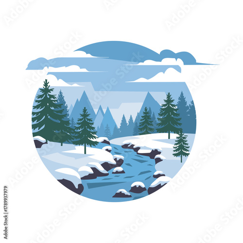 Winter Mountain Landscape with River and Pine Trees Vector Illustration