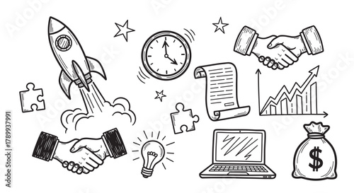 Hand drawn business startup icon set with rocket launch and handshake symbols. Doodle collection representing success, innovation and financial growth concepts for presentations