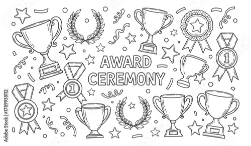 Award ceremony doodle set with hand drawn trophies, medals and laurel wreaths. Collection of victory symbols for competition winners and first place success celebration