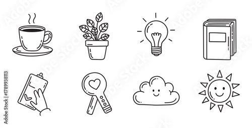 Cute hand drawn icon set for daily routine and positive thinking. Minimalist doodle elements like coffee, book, lightbulb and sun for web design or social media