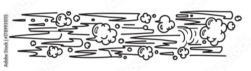 Hand drawn comic speed lines and motion effects collection. Cartoon doodle smoke clouds and wind blow elements for animation. Abstract fast movement trail or explosion puff symbols