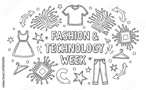 Fashion and technology week concept with doodle style elements. Hand drawn line art of clothing and circuit boards for a modern tech event or wearable technology theme