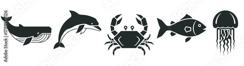 Collection of marine life icons in a simple black silhouette style. Includes a whale, dolphin, crab, fish, and jellyfish for logo design or web interface elements