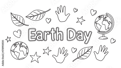 Hand drawn earth day typography with a collection of environmental icons. Black and white line art for kids coloring pages and conservation awareness projects