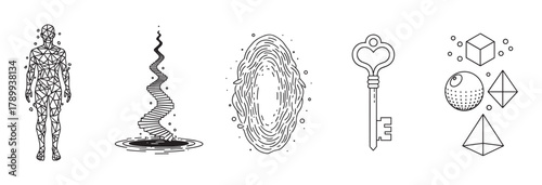 Abstract collection of mystical symbols for spiritual and futuristic concepts. Minimalist black and white design elements representing journey, identity, and knowledge