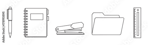 Office supplies icon set in a minimalist line art style. Collection of stationery elements including a pen, notebook, stapler, folder, and ruler for business or education design