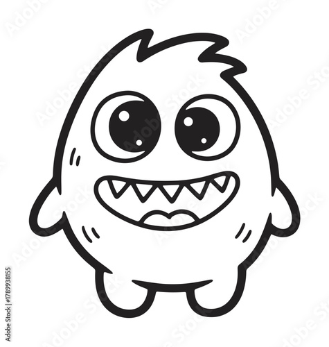 Cute monster character in a simple doodle style. Black and white outline drawing of a happy little creature for children's coloring books, stickers or friendly mascots