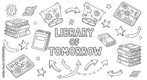 Library of tomorrow concept with futuristic education elements. Doodle set of books, digital tablets, and space exploration holograms. Hand drawn outline design for science learning