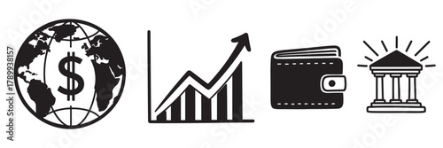 Set of black finance icons for business and economy concepts. Includes global currency, growth chart, wallet, and bank symbols for financial services presentations