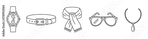 Fashion accessories icon set in a minimal line art style. Collection includes a watch, belt, scarf, sunglasses, and necklace for personal style and clothing concepts