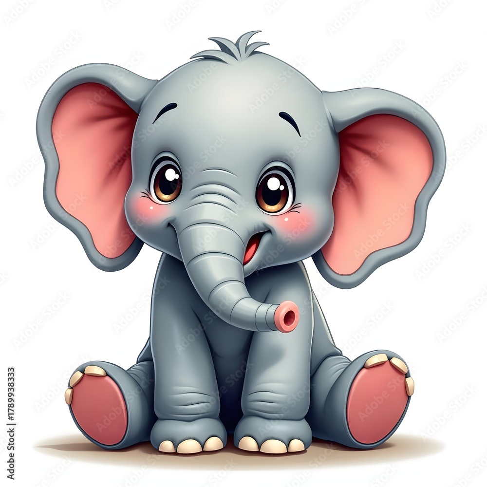 Obraz premium cute cartoon baby elephant sitting with big eyes and pink ears. cheerful expression illustration design. perfect for kid book storytelling