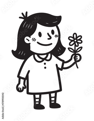Charming hand drawn character of a little girl holding a daisy flower. Minimalist black and white line art with a happy and innocent expression for coloring books