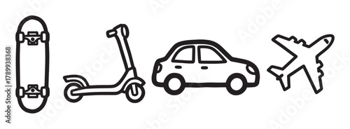 Collection of hand drawn transport icons for travel and mobility concepts. Includes a skateboard, electric scooter, car, and airplane symbol for graphic design elements