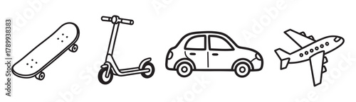 Transportation icon set with various vehicles. Hand drawn doodle collection of a skateboard, scooter, car, and airplane for travel and urban mobility concepts