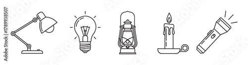 Set of light source icons in a minimal outline style. Collection includes a desk lamp, lightbulb, lantern, candle, and flashlight. Symbols for ideas, electricity, and lighting equipment