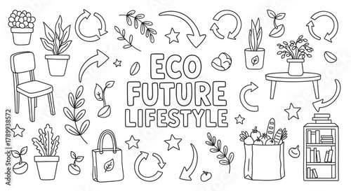 Eco future lifestyle doodle set with sustainable living elements. Hand drawn collection of recycling symbols, plants, reusable bags and organic food for environmental concepts