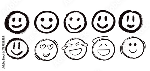 Hand drawn face smile icon line people face emotions set in doodle scribble pencil marker style hand drawn. Grunge Face Emoji Icon Set. Grunge Vector Emoticons.