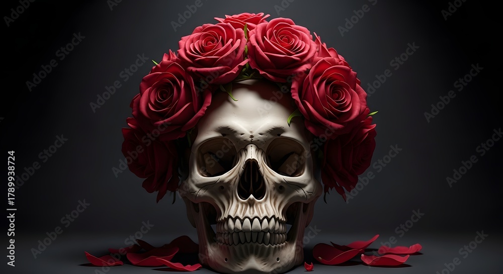 Obraz premium Macabre beauty skull adorned with deep red roses against a dark background