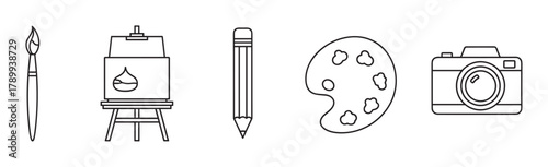 Art and creativity icon set with linear symbols for hobbies. Collection includes paintbrush, easel, pencil, palette, and camera for graphic design and web applications