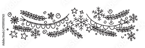 Hand drawn christmas border with pine branches and snowflakes. Doodle style winter holiday decoration element with stars and garlands for festive greeting card design