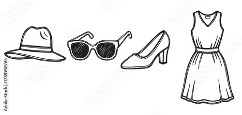 Hand drawn women's fashion accessories. Includes a stylish hat, sunglasses, high heel shoe, and elegant dress. Perfect for design projects, blogs, or fashion content