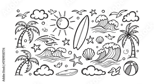 Hand drawn doodle collection of summer beach elements. Tropical vacation icons including palm tree, sun, waves and surfboard for seaside travel and holiday design concepts