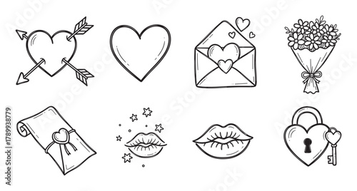 Hand drawn valentine's day icon collection with romantic symbols. Doodle set of love elements like heart, arrow, letter, flowers, lips, and lock isolated for design