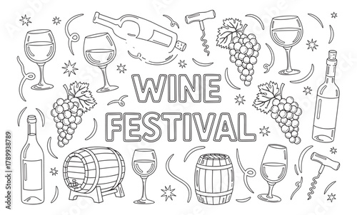 Wine festival doodle set with various winemaking elements. Hand drawn collection includes grapes, bottles, glasses, barrels and corkscrews for an event invitation or menu design