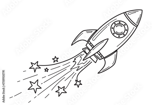 Hand drawn rocket ship launching into space with a trail of stars. Doodle style spaceship icon for a business startup concept or scientific exploration project