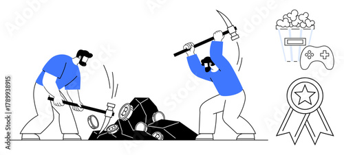 Workers mining with pickaxes, breaking rocks for progress and success. Ideal for teamwork, perseverance, hard work, motivation, achievement, competition entertainment. Simple flat metaphor