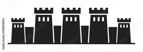 Simple black silhouette of a medieval castle with towers and battlements. Minimalist fortress icon for security and protection concepts. Ancient historical architecture symbol