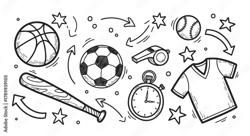 Naklejka premium Hand drawn collection of sports equipment icons in a doodle style. Set includes soccer, basketball, and baseball elements for athletic activities. Monochrome sketch for competition design
