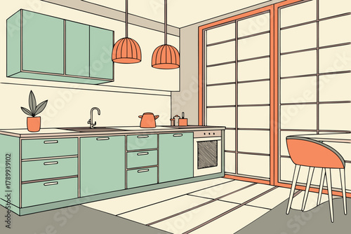 Minimalist kitchen interior with light green cabinets and orange accents, large window in background