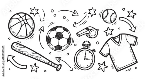 Hand drawn collection of sports equipment icons in a doodle style. Set includes soccer, basketball, and baseball elements for athletic activities. Monochrome sketch for competition design