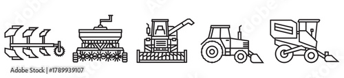 Agricultural machinery line icon set for farming industry concepts. Heavy equipment collection includes tractor, combine harvester, plow, seeder and other vehicles