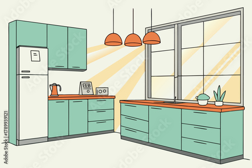 Modern kitchen with mint green cabinetry, orange countertops and appliances, sunny window