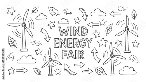 Wind energy fair concept with hand drawn doodle elements. Set of renewable power icons including wind turbines, leaves and clouds for a sustainable ecology presentation