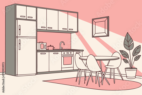 Modern kitchen and dining room combo with a table, chairs, and indoor plant in pink