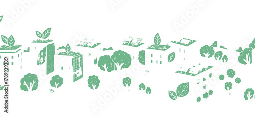 Sustainable city concept with green buildings and renewable energy. Minimalist urban landscape with rooftop gardens and trees. Eco friendly community living for a clean environment