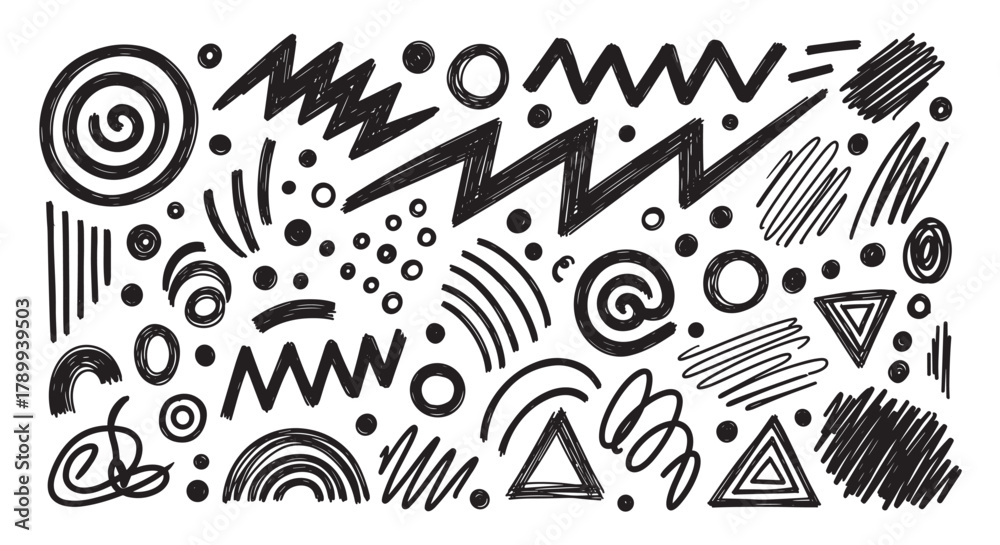 Obraz premium Hand drawn collection of abstract shapes and doodle elements. Creative scribble design assets for modern graphic projects or retro memphis style patterns