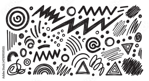 Hand drawn collection of abstract shapes and doodle elements. Creative scribble design assets for modern graphic projects or retro memphis style patterns