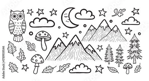 A set of cute nature doodles featuring a forest owl, mountains, and night sky elements. Hand drawn black and white icons for kids coloring pages or camping adventure themes
