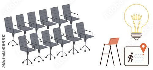 Rows of office chairs, large lightbulb icon, high stool, and location pin with a person walking. Ideal for teamwork, innovation, leadership, brainstorming, productivity navigation business