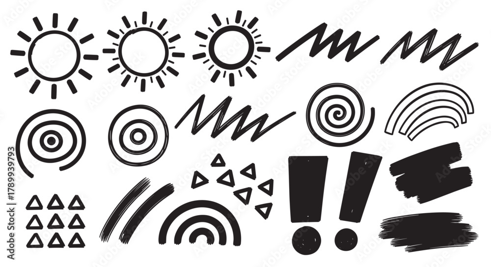 Obraz premium Set of hand drawn doodle elements in a minimalist style. Abstract black ink brush strokes, scribbles, and shapes like suns, rainbows, and spirals for creative projects