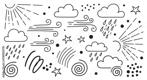 Weather forecast doodle set of hand drawn nature elements. Minimalist line art icons of sun, clouds, rain, wind, and stars. Simple black and white symbols for creative design
